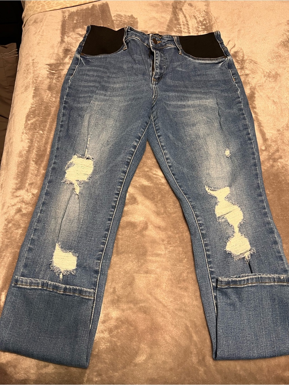 Judy Blue Distressed Blue Boyfriend Jeans with Black Side Panels